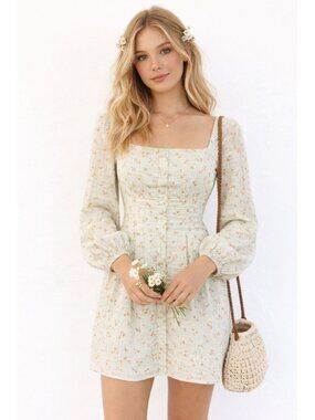 Cottage Core Floral Puff Sleeve Mini Square Neck S Boho Peasant Baby doll Dress